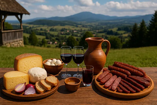 Coș cu struguri și vin